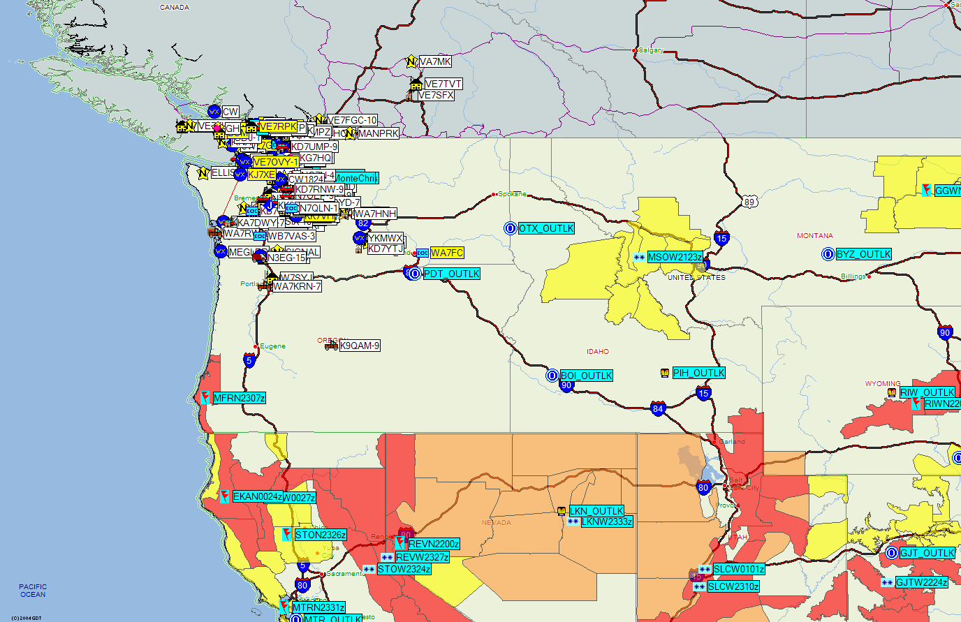 Screenshot of NW USA, SW BC Canada. Coloured areas in US are from severe weather warnings from UI-NWS. Click picture to go back.