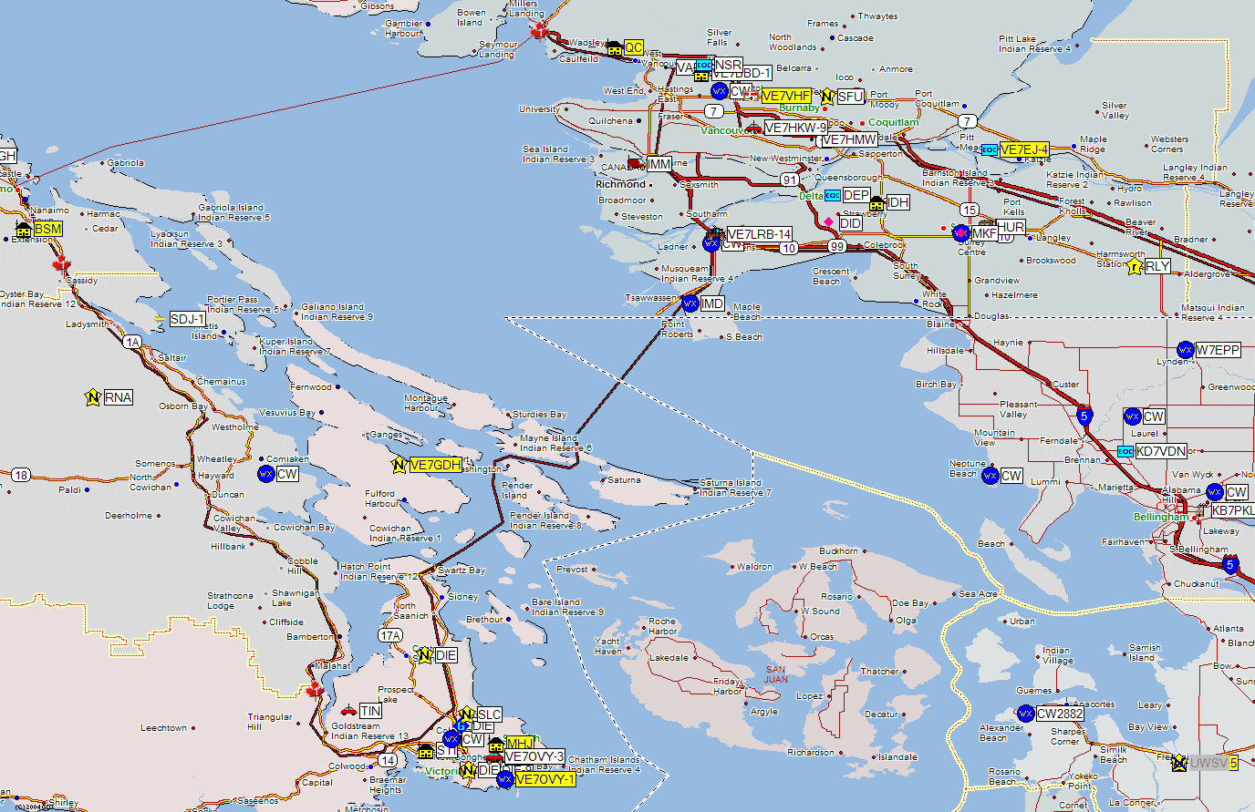 Vancouver BC at top, Victoria BC at lower left and Bellingham WA to the right. Click picture to go back.